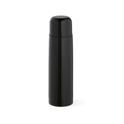 A drink bottle with a sleek black design, featuring a cylindrical shape and a secure lid. It has a branding logo.