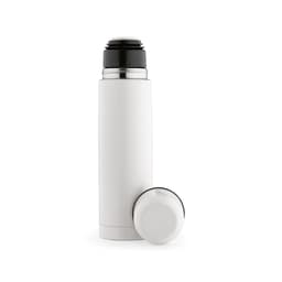A drink bottle in white with a black cap, featuring a sleek design and a cup attached to the lid.