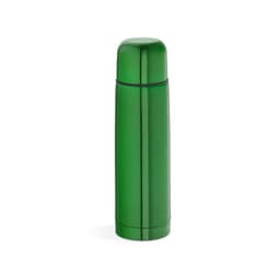 A drink bottle with a sleek, shiny green finish, featuring a cap and an unbranded logo.