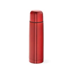 A drink bottle in shiny red, designed with a sleek, tall shape and a screw-top lid. It includes a logo.