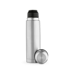 A drink bottle in stainless steel with a black screw-on lid and a separate cup. Branding is visible on the bottle.