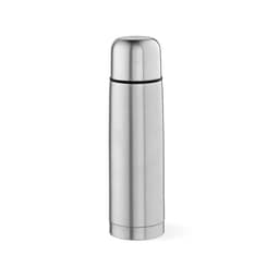 A drink bottle in a sleek, stainless steel finish with a rounded top and a black band. It features a logo.