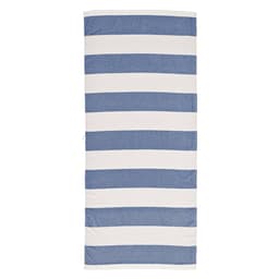 A striped towel in blue and white, made from cotton, featuring a logo. Designed for promotional use.