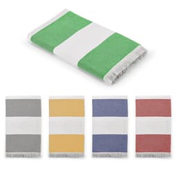 A collection of towels in green, grey, yellow, blue, and red, each with white stripes and fringe detailing.