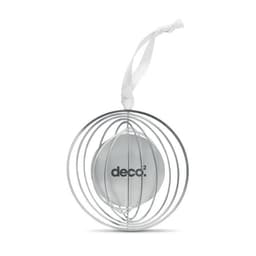A decorative silver orb enclosed in a spherical wire frame, completed with a white ribbon for hanging.