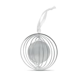 A decorative silver ornament featuring a spherical centre encased in a circular metal frame with a ribbon for hanging.