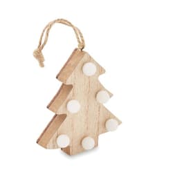 A wooden Christmas tree ornament with a natural finish and white decorative dots, featuring a rope for hanging.