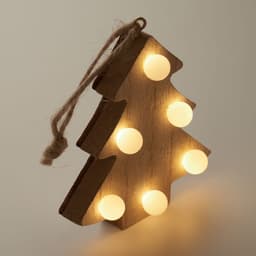 A wooden Christmas tree ornament featuring warm white lights and a twine hanging string.