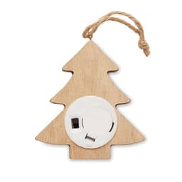 A decorative wooden Christmas tree ornament with a circular centre, featuring a hanging rope for display.