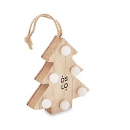 A wooden Christmas tree decoration with a natural finish and white embellishments, featuring a twine hanging loop.