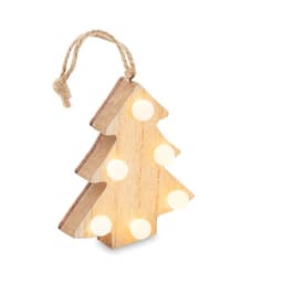 A wooden Christmas tree decoration featuring lights and a twine loop for hanging. The tree is light brown with white bulbs.