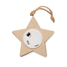 A wooden star-shaped ornament with a white circular section and a twine loop for hanging.