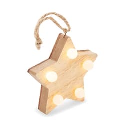 A wooden star ornament with five light bulbs, featuring a rustic twine loop for hanging.