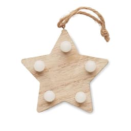 A wooden star-shaped ornament featuring five white round buttons and a natural jute string for hanging.