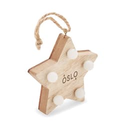 A star-shaped wooden ornament featuring five white balls and a jute hanger. The ornament is marked with "Oslo."