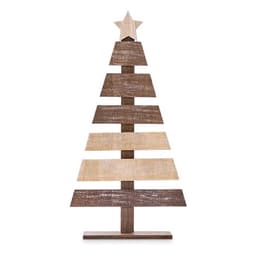 A decorative Christmas tree made of wooden stripes in varying shades of brown and cream, topped with a star.