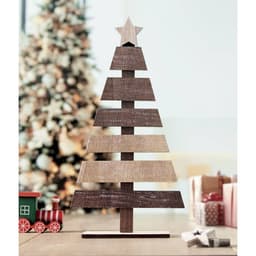 A wooden Christmas tree decoration in varying shades of brown, featuring a star at the top, set against a festive background.