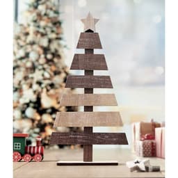 A decorative wooden Christmas tree in various shades of brown, topped with a star, set against a festive background.