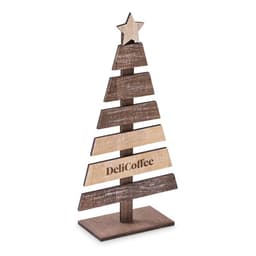A wooden tree display featuring a star on top, with alternating brown and light wooden slats. It has a logo.