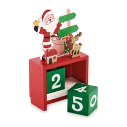 A festive wooden calendar featuring Santa Claus, a reindeer, and green blocks with numbers, all on a red base.