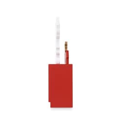 A red promotional product with a white and wooden element. It has a logo and a sleek, modern design.
