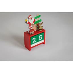 A decorative countdown block in red and white, featuring Santa and a reindeer on top, displaying the number 25.