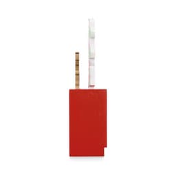 A bright red promotional product with a logo and a multi-coloured top element.