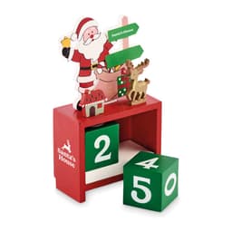 A decorative Santa-themed calendar with red and green cubes displaying the numbers 25 and 50, featuring Santa and a reindeer.