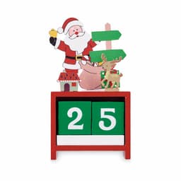 A festive countdown calendar with a red base, green blocks showing "25", and a Santa figurine with a reindeer and house.
