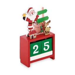 A festive wooden advent calendar in red, featuring Santa, a reindeer, and directional signs, showing the date 25.