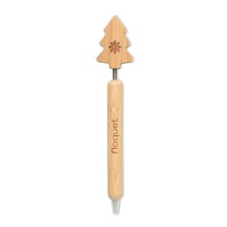 A bamboo pen shaped like a Christmas tree, featuring a floral cutout at the top and a clear pen tip.