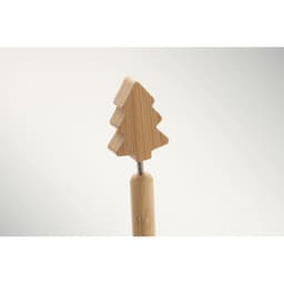 A wooden tree-shaped bottle stopper with a bamboo handle and a metal stem.