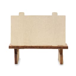 A small wooden display stand with a blank surface and a rustic finish, featuring a simple easel design.