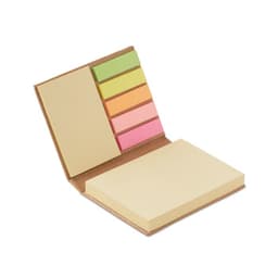 A notepad with a brown cover, featuring pale yellow pages and five sticky notes in pink, green, and orange.