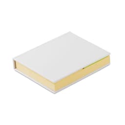A notepad with a white cover and yellow pages, featuring a soft, stitched binding. It has a logo on the cover.