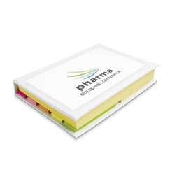 A notepad with multiple coloured sticky notes and a logo on the cover, featuring a white exterior.