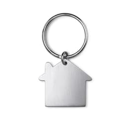 A keyring featuring a silver house-shaped charm with a smooth, brushed finish.