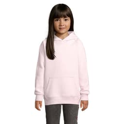 A pink hoodie for kids featuring a front pocket and a hood, presented on a model with long hair.