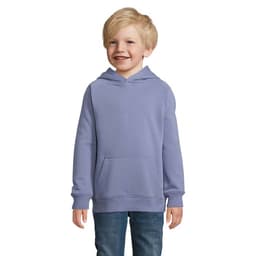 A light purple hoodie worn by a smiling child, featuring a front pocket and hood.
