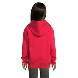 A red hoodie with a hood, seen from the back on a mannequin or doll, paired with grey pants.