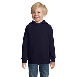 A navy blue hoodie for children, featuring a front pocket and a hood, worn by a smiling young boy.