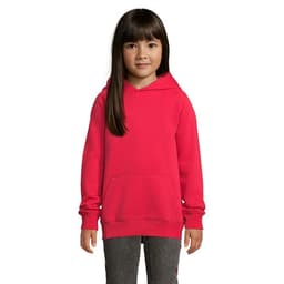 A red hoodie for kids featuring a front pocket and a hood, worn by a girl with long hair.