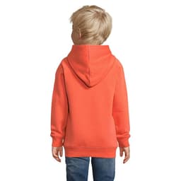 A hoodie in bright orange, viewed from the back, worn by a child. The garment features a hood and long sleeves.