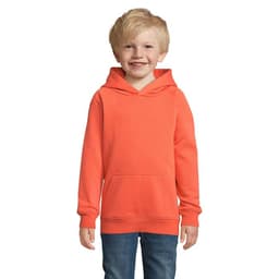 A hoodie in vibrant orange, worn by a child with light blonde hair, featuring a front pocket and a hood.