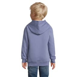 A hoodie in light purple worn by a child from the back, featuring a hood and long sleeves.