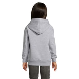 A grey hoodie for children, featuring a kangaroo pocket and a lined hood, viewed from the back.