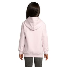 A pink hoodie for kids, featuring a hood and long sleeves, displayed from the back.