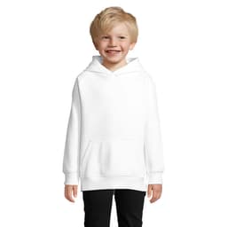A white hoodie featuring a front pocket, worn by a smiling young child with blonde hair.