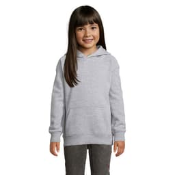 A grey hoodie for kids with a front pocket and a hood, featuring a smiling child wearing it.