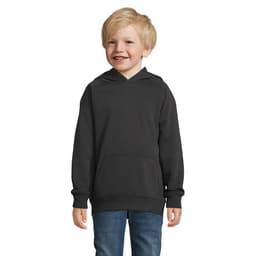 A grey hoodie for kids with a front pocket, featuring a classic hooded design.